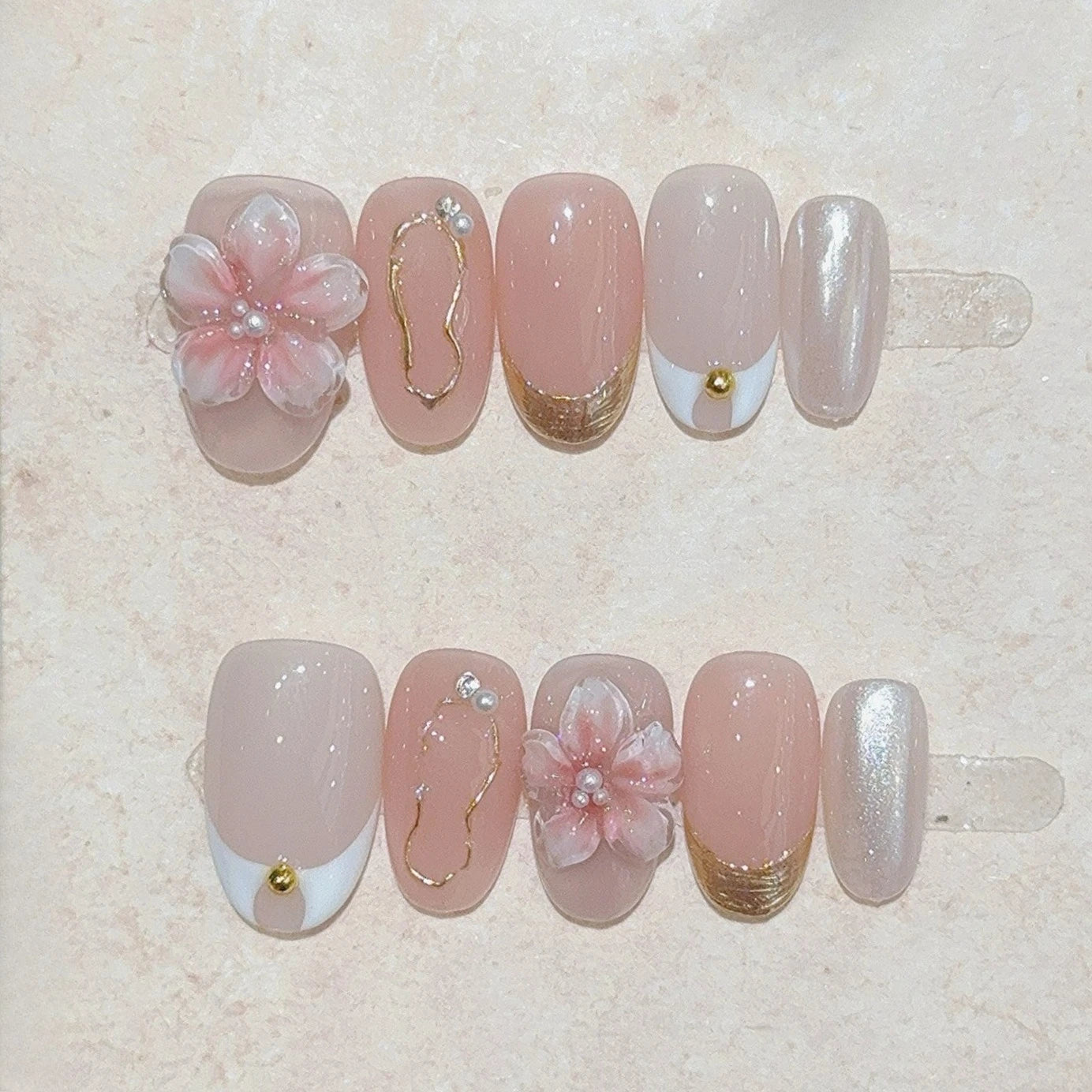10-Piece Set of Handmade Short Square Full Cover Press-On Nails with Floral Cat Eye Design - Elegant and Wearable Manicure Tips