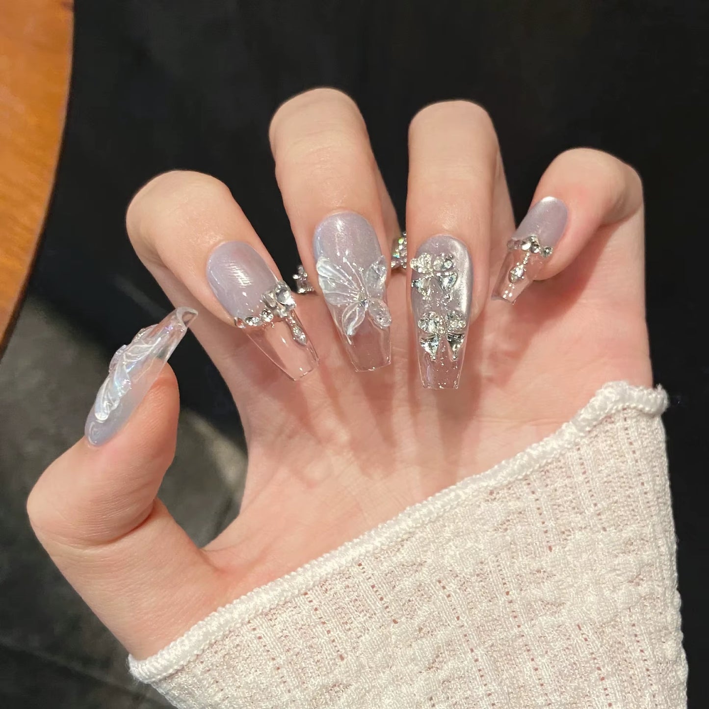 10-Piece Handmade Cat Eye Press-On Nails - French Coffin Acrylic Design with Dreamy Mermaid Pearl Finish - Romantic Sweet Nail Art