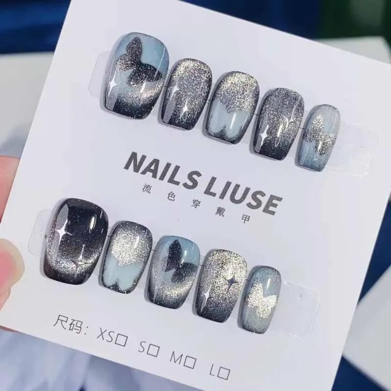High-End Handmade Cat Eye Press-On Nails Set for Women - 10 Pieces, Short Style with Nail Art Stickers