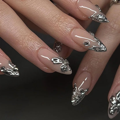 24-Piece Almond-Shaped French Press-On Nails with 3D Irregular Star Pattern – Manicure Essentials