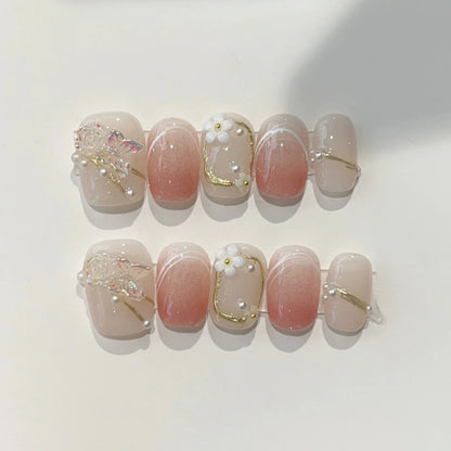 10-Piece Set of Handmade Short Square Full Cover Press-On Nails with Floral Cat Eye Design - Elegant and Wearable Manicure Tips