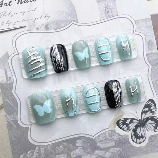 High-End Handmade Cat Eye Press-On Nails Set for Women - 10 Pieces, Short Style with Nail Art Stickers