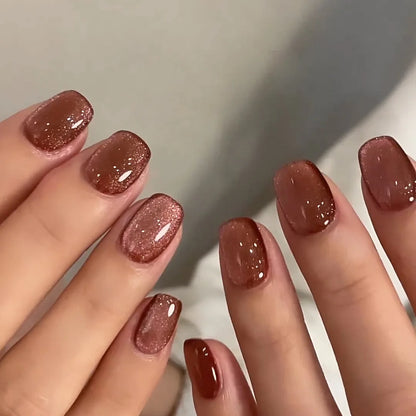 Blue Gradient Cat Eye Press-On Nails with Glitter Finish - Detachable Solid Color Fashionable False Nails with Adhesive