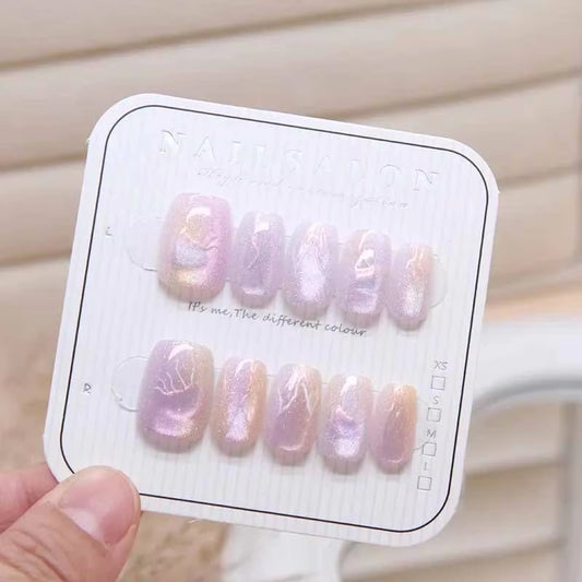 10-Piece Jellyfish Cat's Eye Square Press-On Nails for Women - Wearable and Detachable Nail Tips