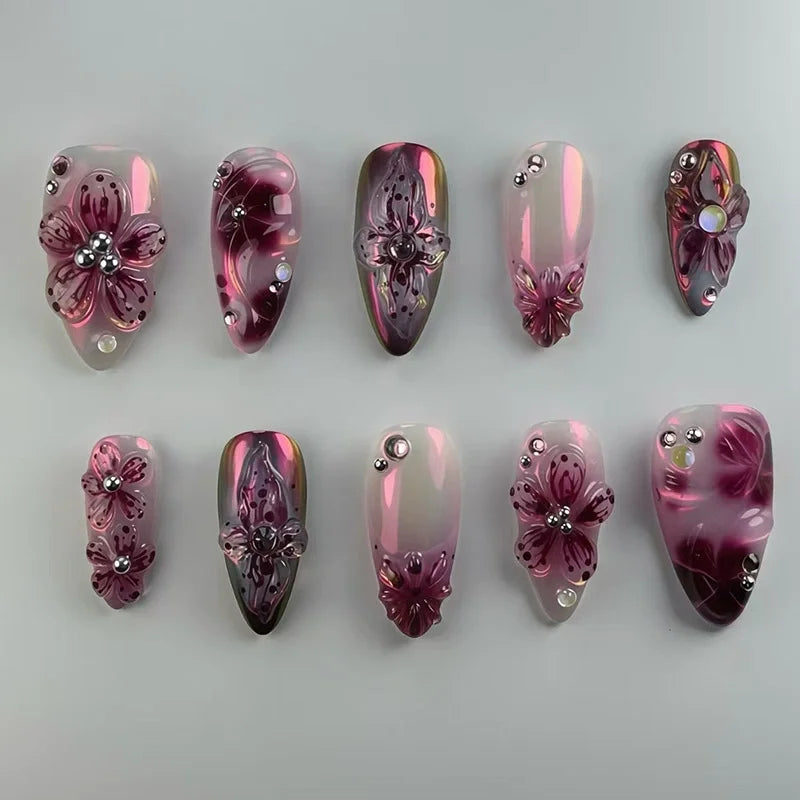 24-Piece Pink Almond Press-On Nails with Floral and Pearl Accents - Colorful Summer Collection for Women