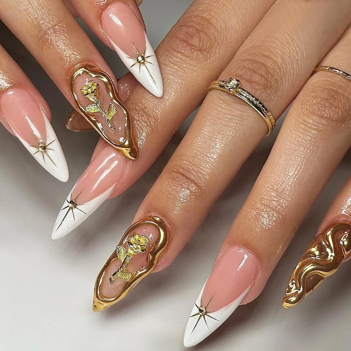 24-Piece Almond-Shaped French Press-On Nails with 3D Irregular Star Pattern – Manicure Essentials