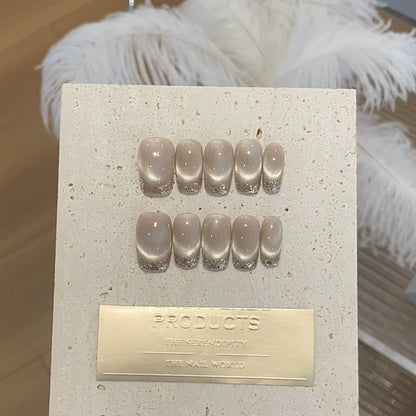 10-Piece Handmade Cat Eye Press-On Nails with Gradient Design - Full Cover French Ballerina Artificial Nail Tips