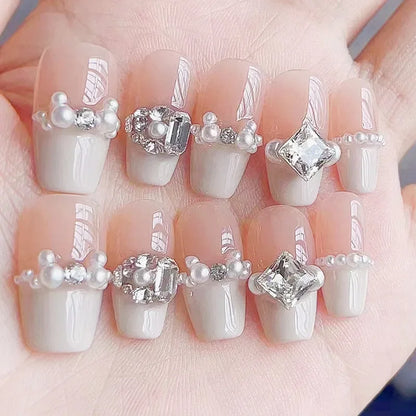 Luxury Handmade Press-On Nails Set - 10 Pcs Nude French Full Cover with Pearl and Diamond Design for Women and Girls