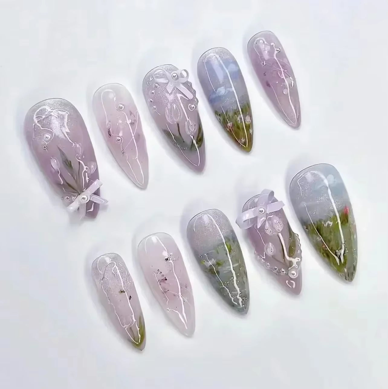 24-Piece Pink Almond Press-On Nails with Floral and Pearl Accents - Colorful Summer Collection for Women