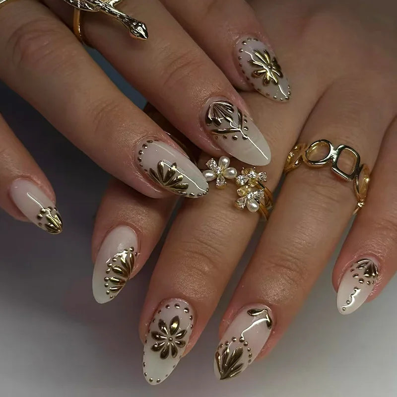 24-Piece Almond-Shaped French Press-On Nails with 3D Irregular Star Pattern – Manicure Essentials