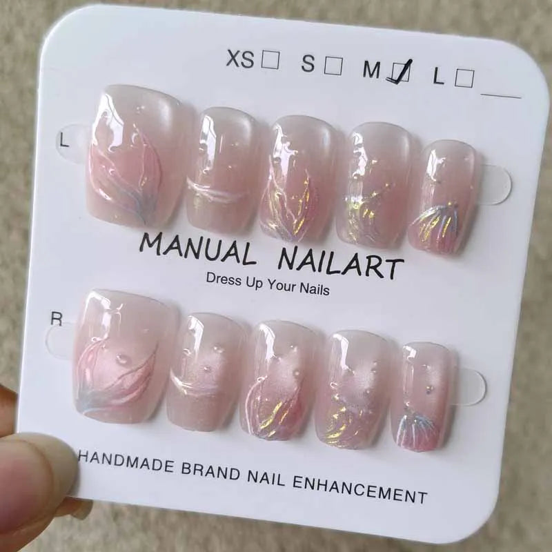 10-Piece Jellyfish Cat's Eye Square Press-On Nails for Women - Wearable and Detachable Nail Tips
