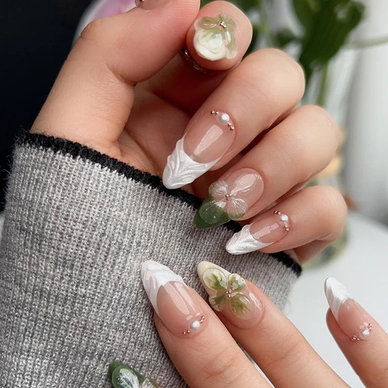 24-Piece Almond-Shaped French Press-On Nails with 3D Irregular Star Pattern – Manicure Essentials