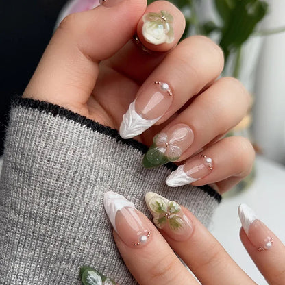 24-Piece Almond-Shaped French Press-On Nails with 3D Irregular Star Pattern – Manicure Essentials