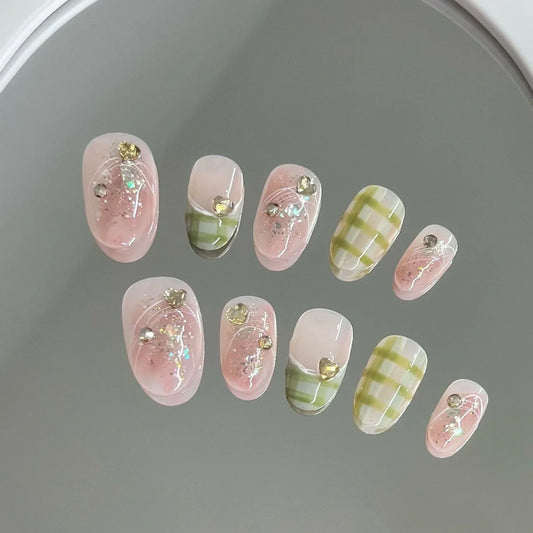 10-Piece Set of Handmade Short Square Full Cover Press-On Nails with Floral Cat Eye Design - Elegant and Wearable Manicure Tips