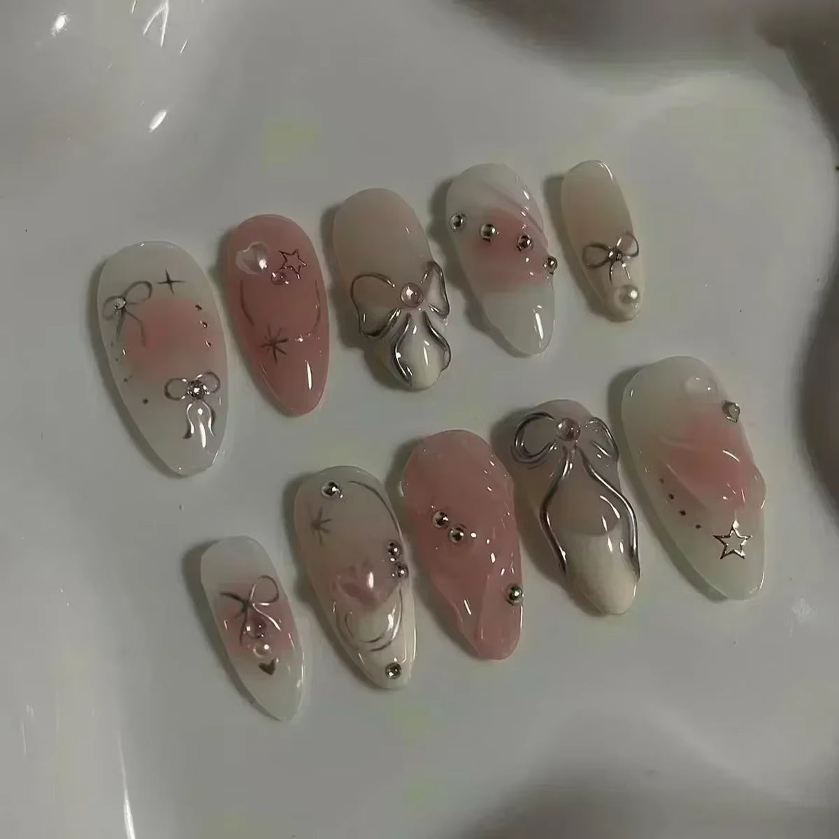 24-Piece Pink Almond Press-On Nails with Floral and Pearl Accents - Colorful Summer Collection for Women