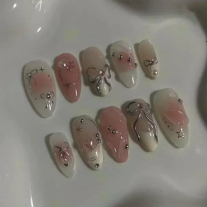 24-Piece Pink Almond Press-On Nails with Floral and Pearl Accents - Colorful Summer Collection for Women