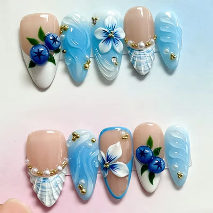 24-Piece Pink Almond Press-On Nails with Floral and Pearl Accents - Colorful Summer Collection for Women