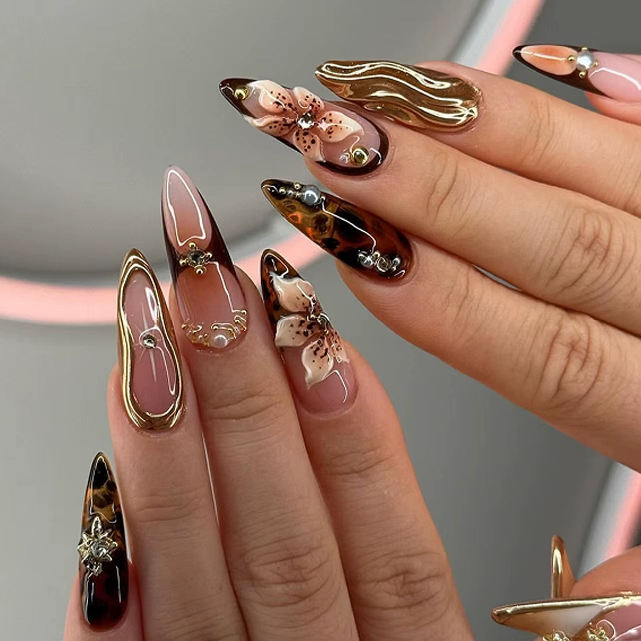 24-Piece Pink Almond Press-On Nails with Floral and Pearl Accents - Colorful Summer Collection for Women