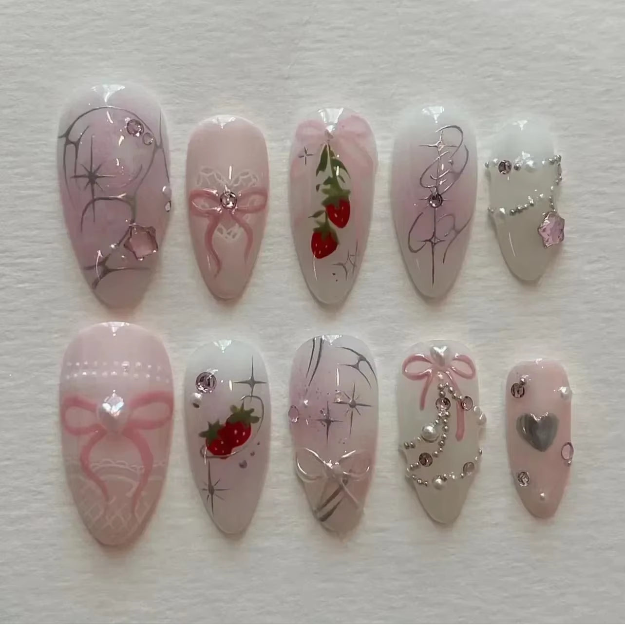 24-Piece Pink Almond Press-On Nails with Floral and Pearl Accents - Colorful Summer Collection for Women