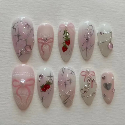 24-Piece Pink Almond Press-On Nails with Floral and Pearl Accents - Colorful Summer Collection for Women