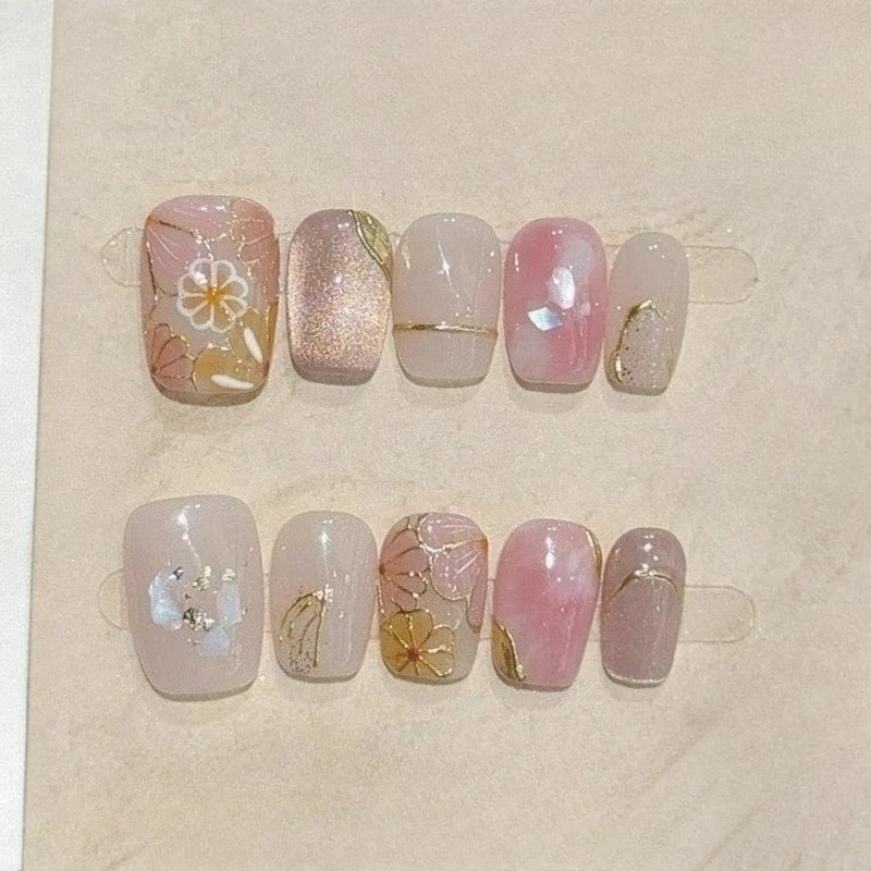 10-Piece Set of Handmade Short Square Full Cover Press-On Nails with Floral Cat Eye Design - Elegant and Wearable Manicure Tips