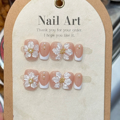 10-Piece Set of Handmade Short Square Full Cover Press-On Nails with Floral Cat Eye Design - Elegant and Wearable Manicure Tips