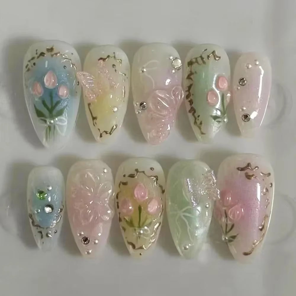 24-Piece Pink Almond Press-On Nails with Floral and Pearl Accents - Colorful Summer Collection for Women