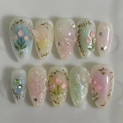 24-Piece Pink Almond Press-On Nails with Floral and Pearl Accents - Colorful Summer Collection for Women