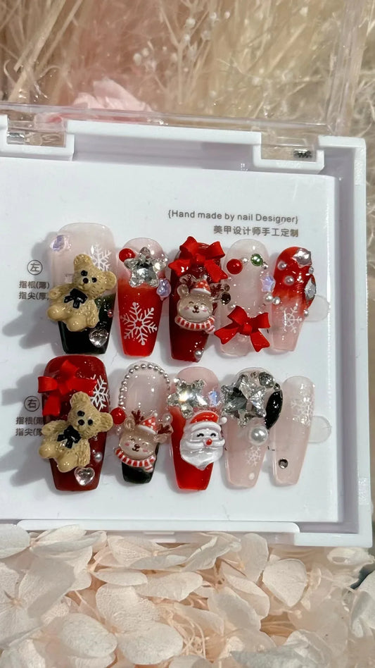 Handmade Press-On Nails Featuring Festive Christmas Elements: Cute Bear, Bow, and Elk Designs for a Removable and Reusable Holiday Look