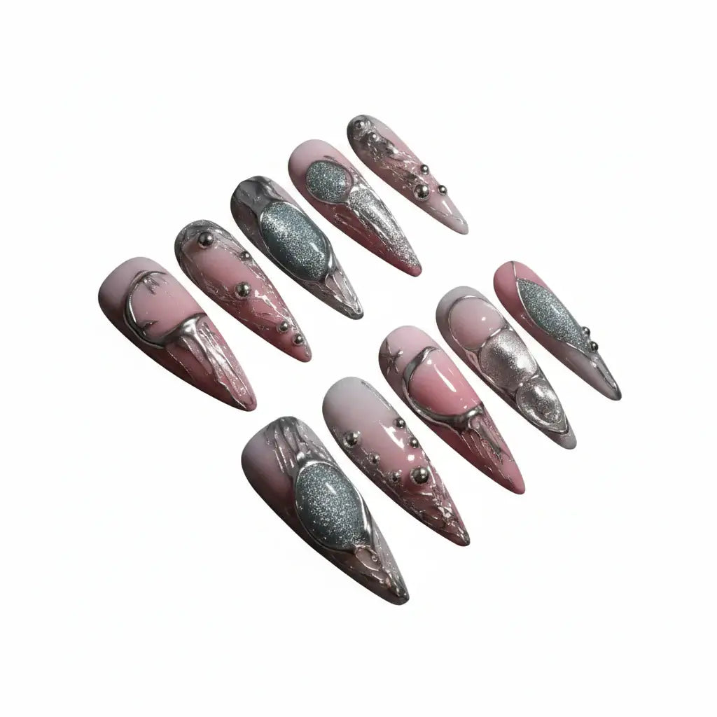 Handcrafted Metallic Silver Press-On Nail Set - 10 Pieces