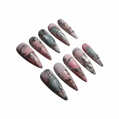Handcrafted Metallic Silver Press-On Nail Set - 10 Pieces