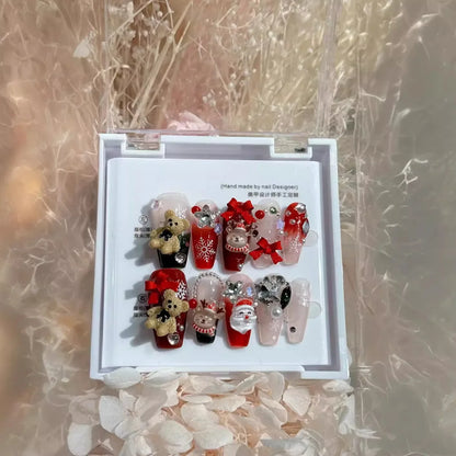 Handmade Press-On Nails Featuring Festive Christmas Elements: Cute Bear, Bow, and Elk Designs for a Removable and Reusable Holiday Look