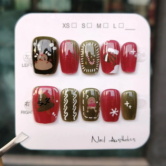 10-Piece Set of Women's Handmade Cat Eye Press-On Nails Featuring Christmas Snowflake and Deer Designs, Short Style, Detachable Nail Patches
