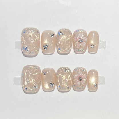10-Piece Set of Handmade Short Square Full Cover Press-On Nails with Floral Cat Eye Design - Elegant and Wearable Manicure Tips