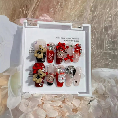 Handmade Press-On Nails Featuring Festive Christmas Elements: Cute Bear, Bow, and Elk Designs for a Removable and Reusable Holiday Look