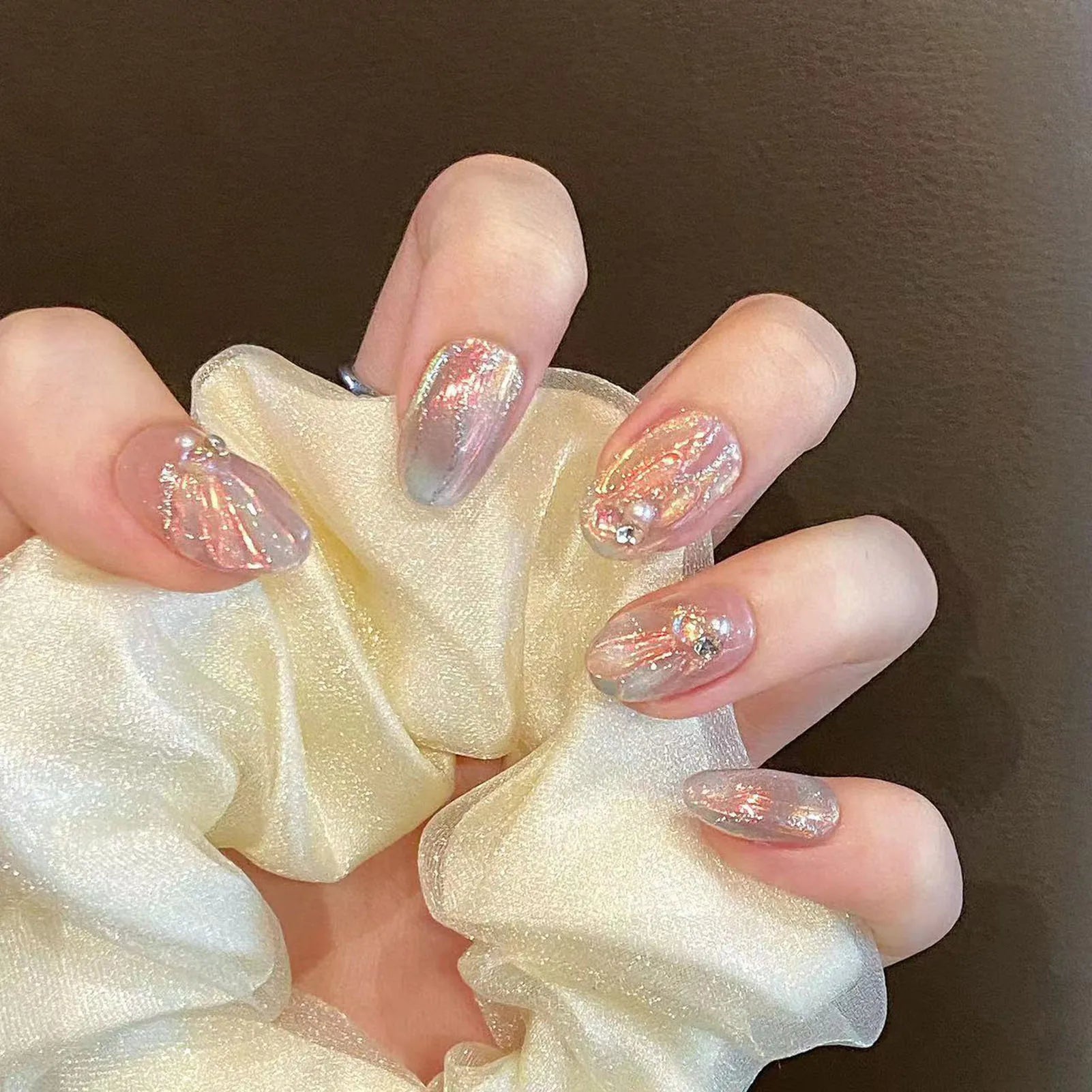 Handcrafted Blue Aurora Mermaid Press-On Nails - Detachable French Pearl Almond Nail Tips, Set of 10