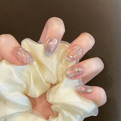 Handcrafted Blue Aurora Mermaid Press-On Nails - Detachable French Pearl Almond Nail Tips, Set of 10