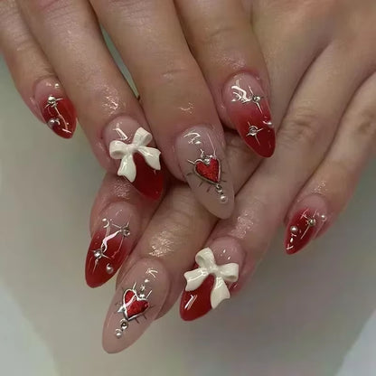24-Piece Pink Almond Press-On Nails with Floral and Pearl Accents - Colorful Summer Collection for Women
