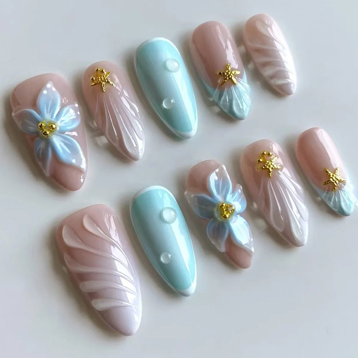 24-Piece Pink Almond Press-On Nails with Floral and Pearl Accents - Colorful Summer Collection for Women