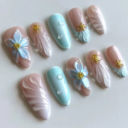 24-Piece Pink Almond Press-On Nails with Floral and Pearl Accents - Colorful Summer Collection for Women