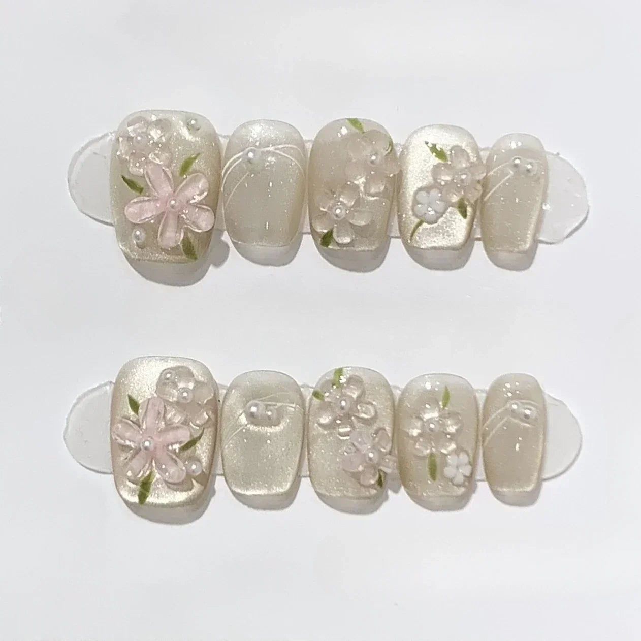 10-Piece Set of Handmade Short Square Full Cover Press-On Nails with Floral Cat Eye Design - Elegant and Wearable Manicure Tips