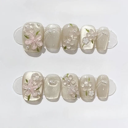 10-Piece Set of Handmade Short Square Full Cover Press-On Nails with Floral Cat Eye Design - Elegant and Wearable Manicure Tips