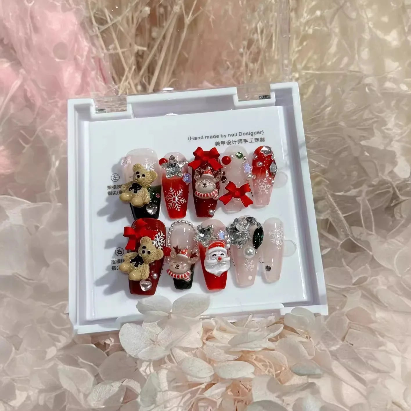 Handmade Press-On Nails Featuring Festive Christmas Elements: Cute Bear, Bow, and Elk Designs for a Removable and Reusable Holiday Look