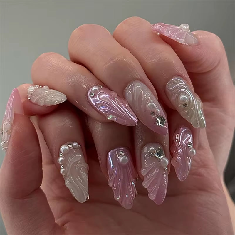 24-Piece Pink Almond Press-On Nails with Floral and Pearl Accents - Colorful Summer Collection for Women