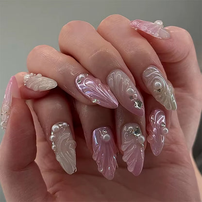 24-Piece Pink Almond Press-On Nails with Floral and Pearl Accents - Colorful Summer Collection for Women