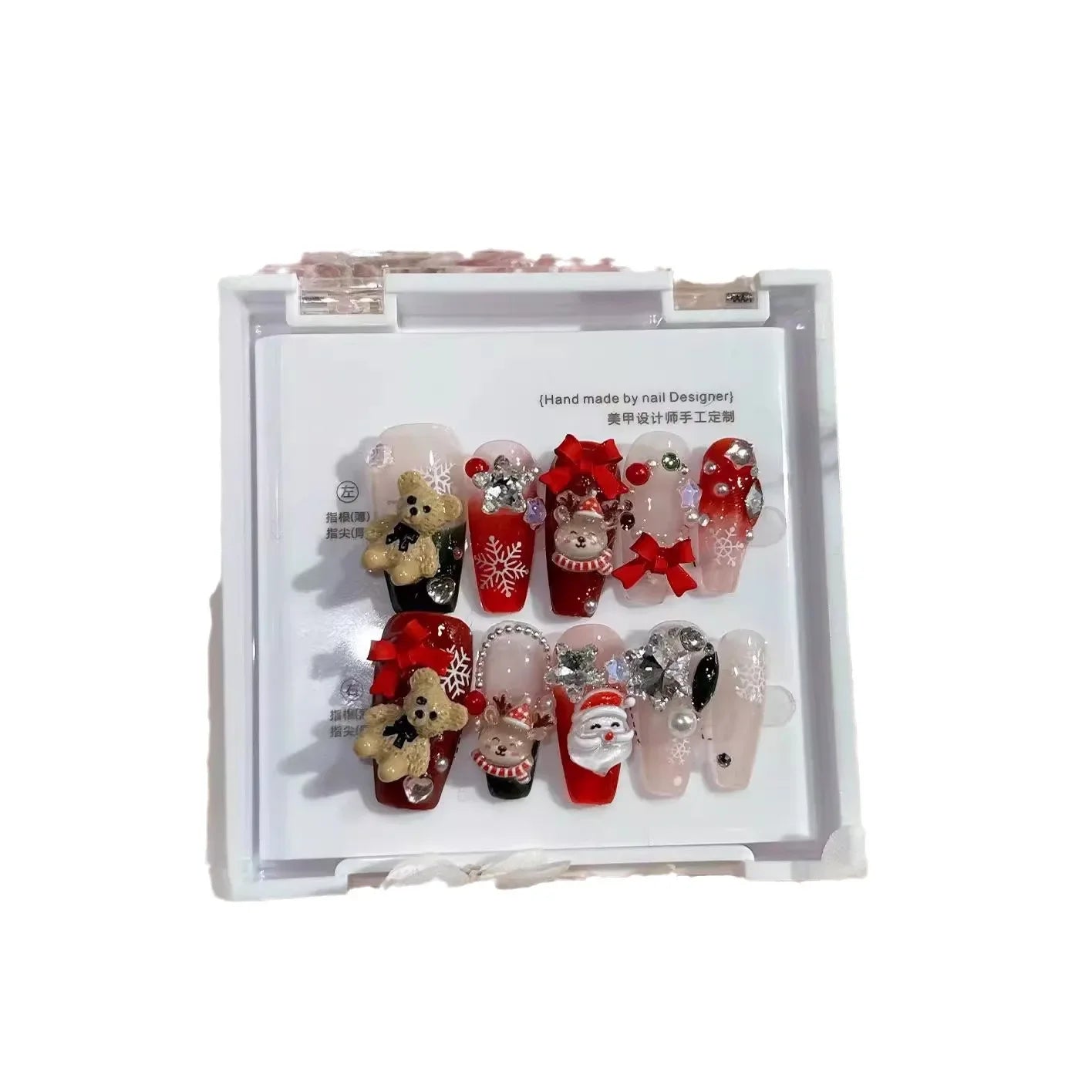 Handmade Press-On Nails Featuring Festive Christmas Elements: Cute Bear, Bow, and Elk Designs for a Removable and Reusable Holiday Look