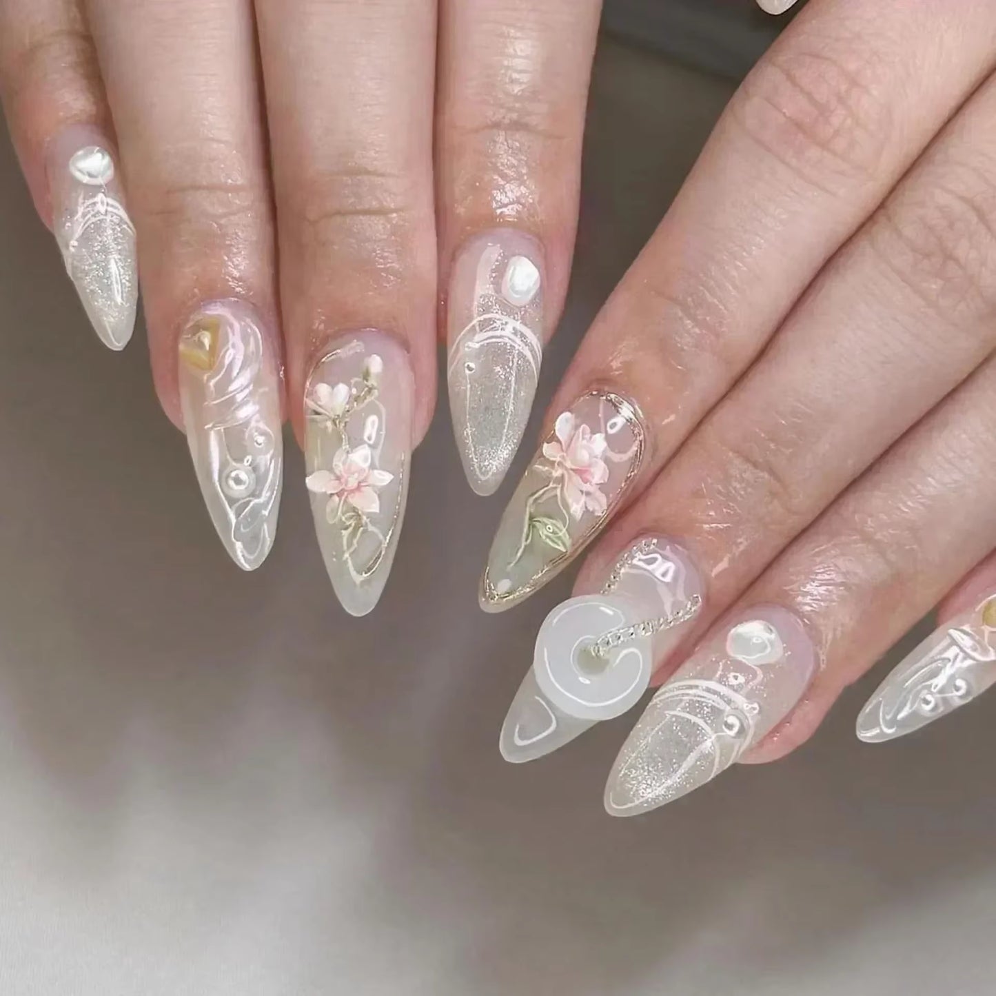24-Piece Pink Almond Press-On Nails with Floral and Pearl Accents - Colorful Summer Collection for Women