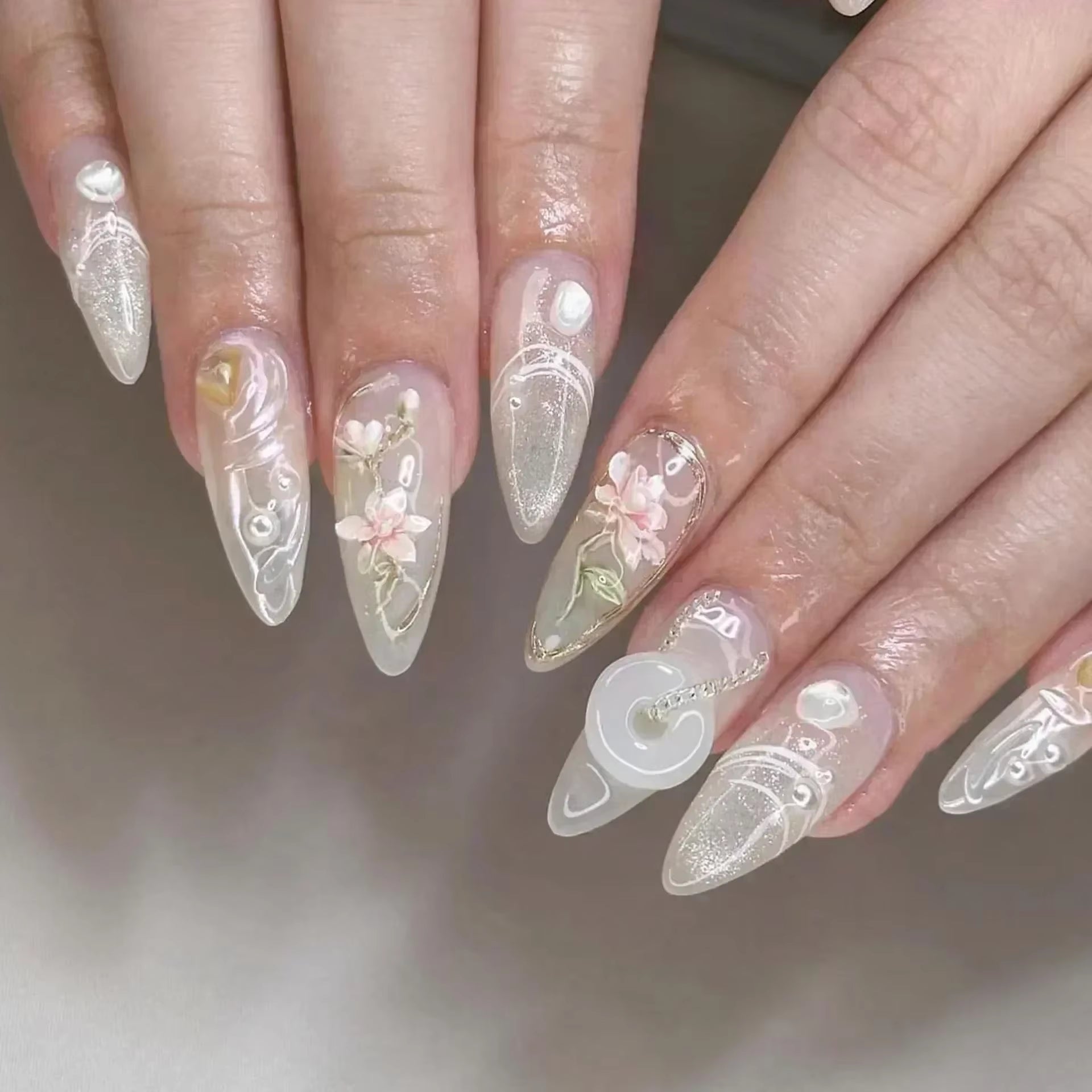 24-Piece Pink Almond Press-On Nails with Floral and Pearl Accents - Colorful Summer Collection for Women