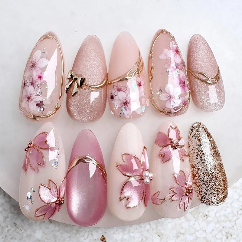 24-Piece Pink Almond Press-On Nails with Floral and Pearl Accents - Colorful Summer Collection for Women