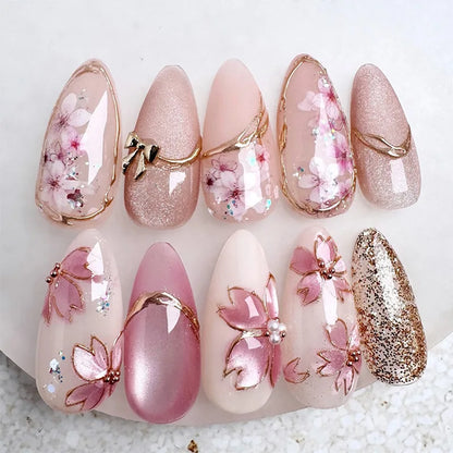 24-Piece Pink Almond Press-On Nails with Floral and Pearl Accents - Colorful Summer Collection for Women